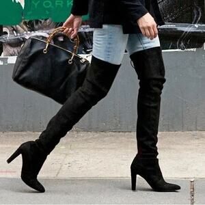 Stuart Weitzman Black Over the Knee Stretch Suede Heel Boot Sz 7.5 4" Round Toe